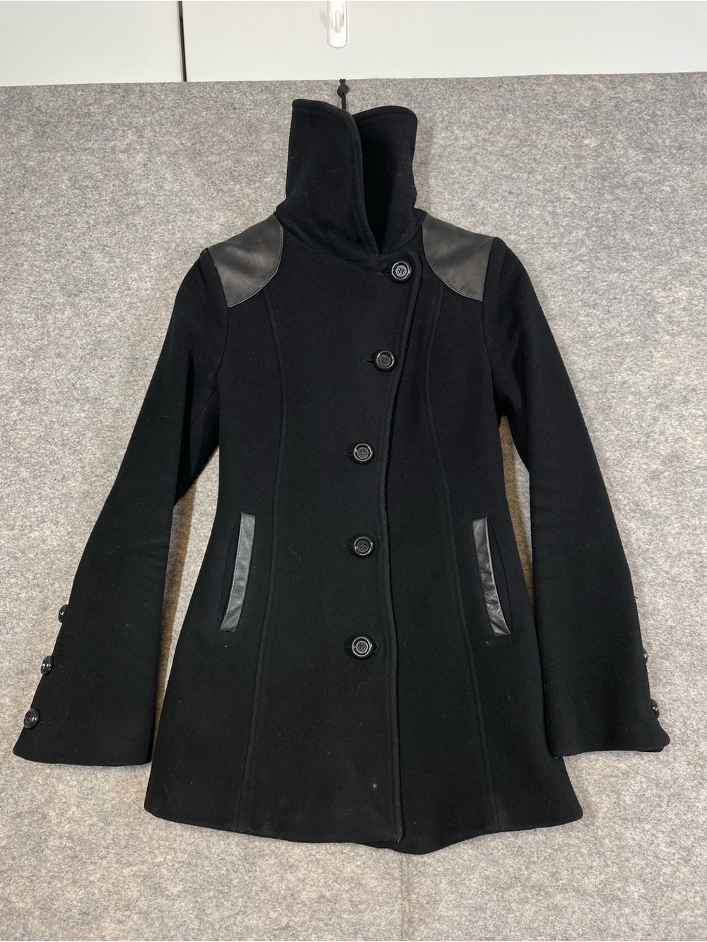 Mackage Y2K Black Wool Coat XS Leather Trim High Collar Gothic Military Chic